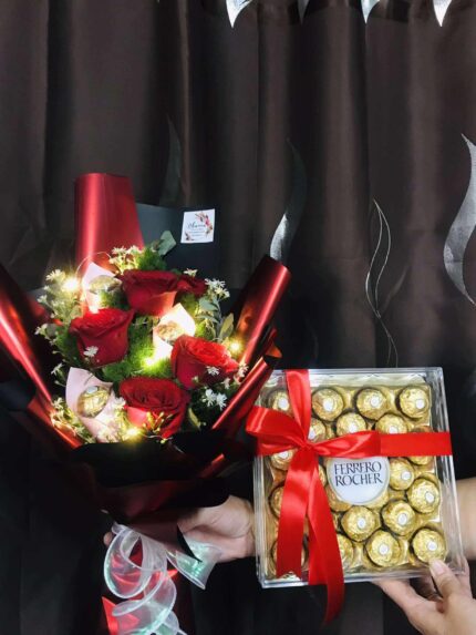 Enchanted Love Bundle – Red Roses, Fairy Lights & Chocolate